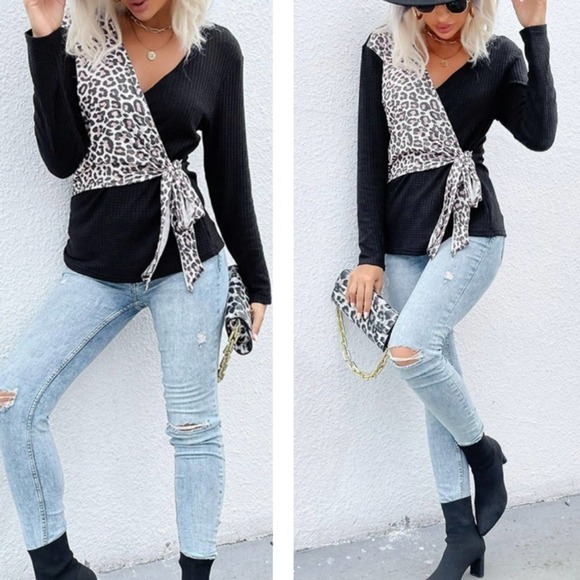Leopard Print Long Sleeve Waffle Knit Surplice Top - Picture 1 of 4
